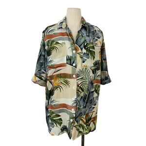 SHORE Linen-Blend Short Sleeve Top Button Down Shirt Tunic Coverup Floral XS